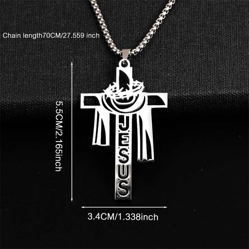 Collar Cruz de Jesús con Corona de Espinas y Detalles Religiosos - Acero Inoxidable
