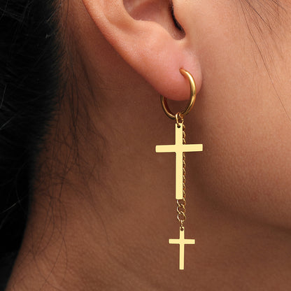 Pendientes Cruz Dorados | Aros Cristianos de Acero Inoxidable con Doble Cruz Colgante | Joyería de Fe y Estilo