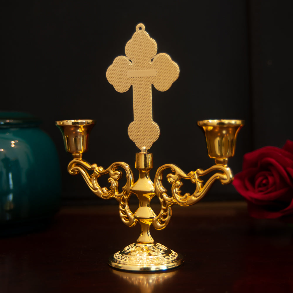 Candelabro Crucifijo Cristiano de Altar | Decoración Religiosa con Cruz INRI y Porta Velas