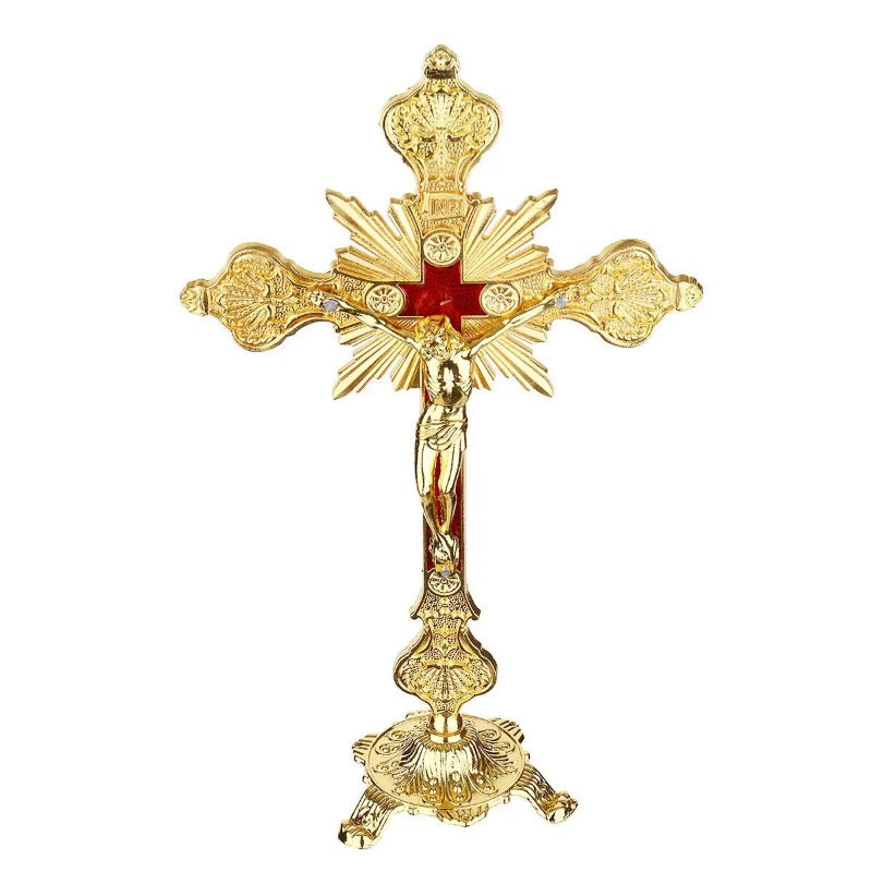 Cruz de Altar Dorada con Crucifijo INRI | Decoración Religiosa de 15cm x 25.5cm