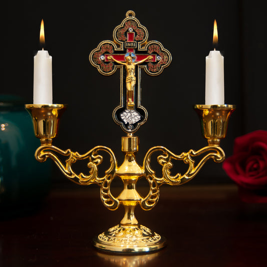 Candelabro Crucifijo Cristiano de Altar | Decoración Religiosa con Cruz INRI y Porta Velas