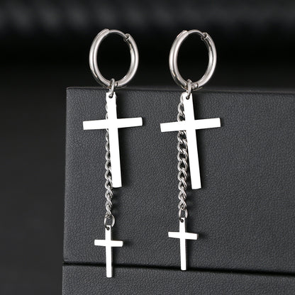 Pendientes Cruz Dorados | Aros Cristianos de Acero Inoxidable con Doble Cruz Colgante | Joyería de Fe y Estilo