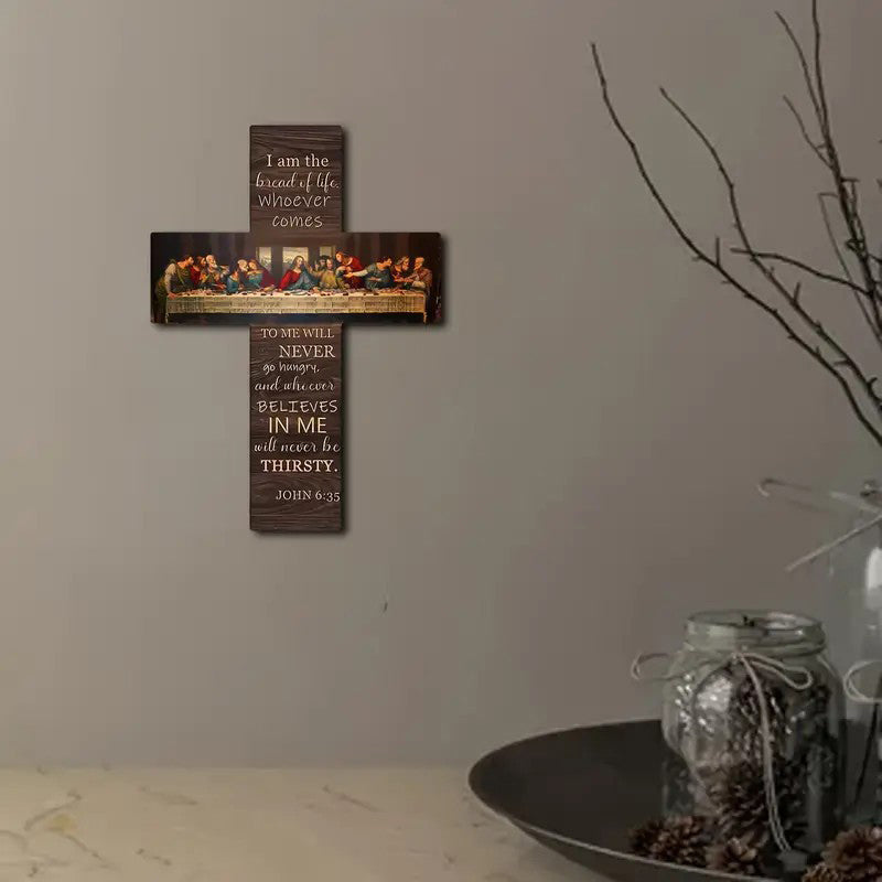 ✅ Cruz Decorativa Cristiana de Madera con La Última Cena – Versículo Juan 6:35 | Regalo Religioso