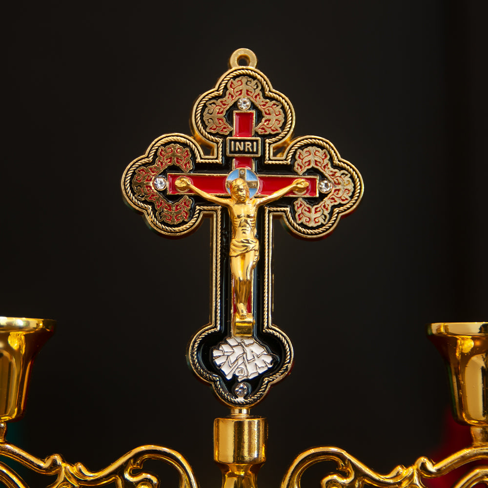 Candelabro Crucifijo Cristiano de Altar | Decoración Religiosa con Cruz INRI y Porta Velas