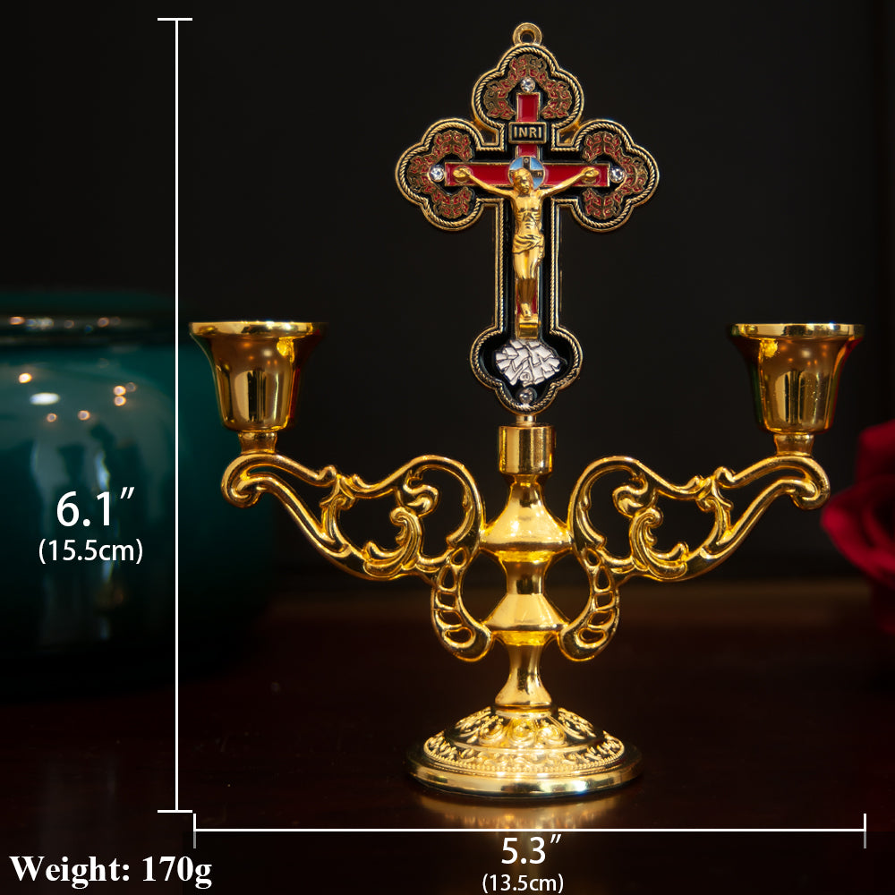 Candelabro Crucifijo Cristiano de Altar | Decoración Religiosa con Cruz INRI y Porta Velas