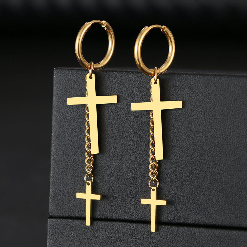 Pendientes Cruz Dorados | Aros Cristianos de Acero Inoxidable con Doble Cruz Colgante | Joyería de Fe y Estilo