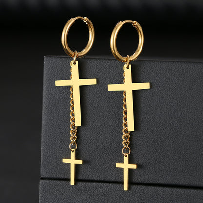 Pendientes Cruz Dorados | Aros Cristianos de Acero Inoxidable con Doble Cruz Colgante | Joyería de Fe y Estilo