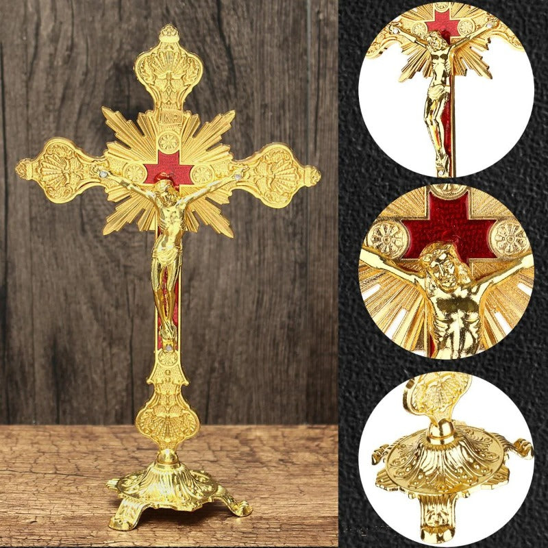 Cruz de Altar Dorada con Crucifijo INRI | Decoración Religiosa de 15cm x 25.5cm