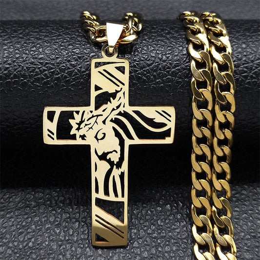 Collar de Cruz con Cristo en Acero Inoxidable Dorado - Joyería Cristiana Luz de Vida y Fe