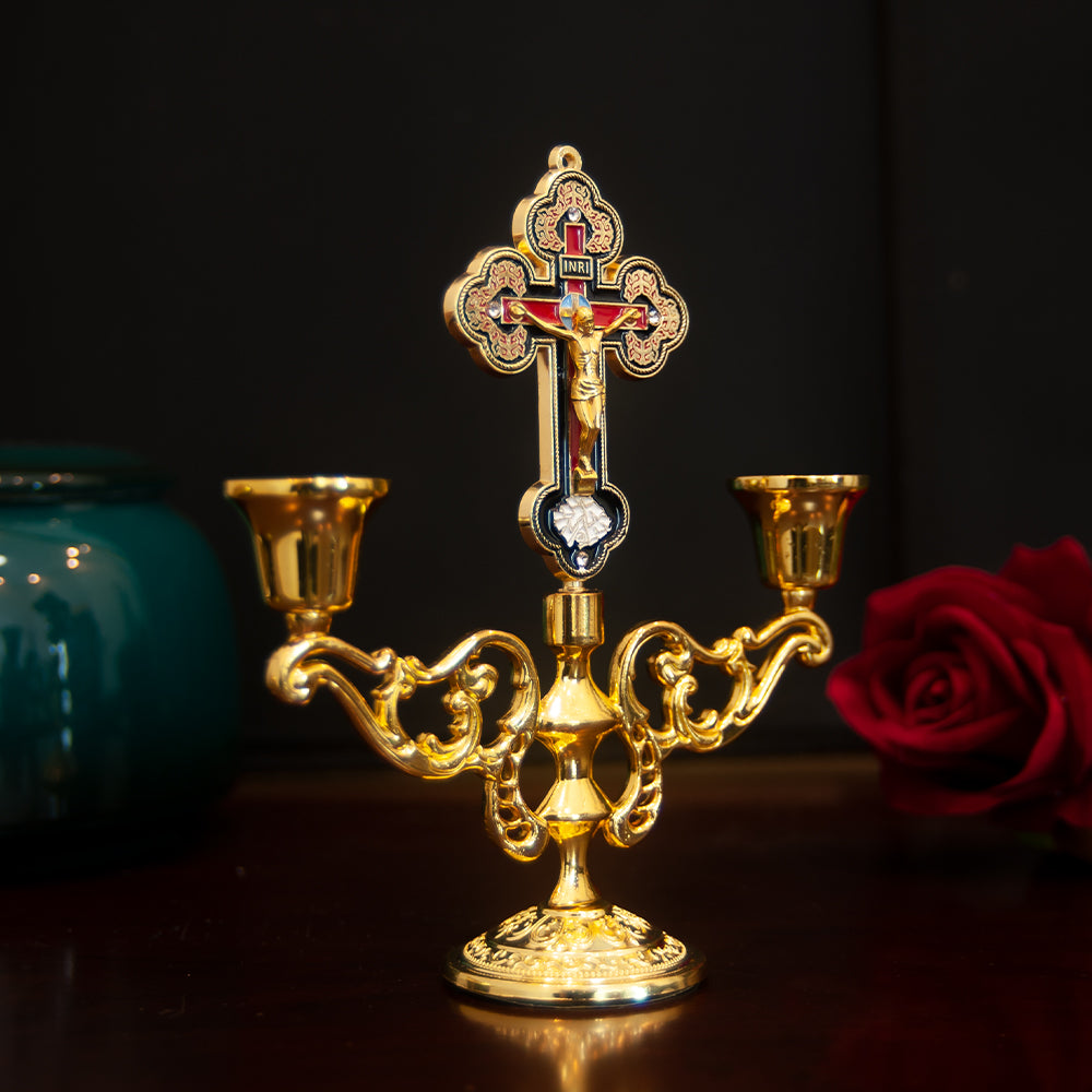 Candelabro Crucifijo Cristiano de Altar | Decoración Religiosa con Cruz INRI y Porta Velas