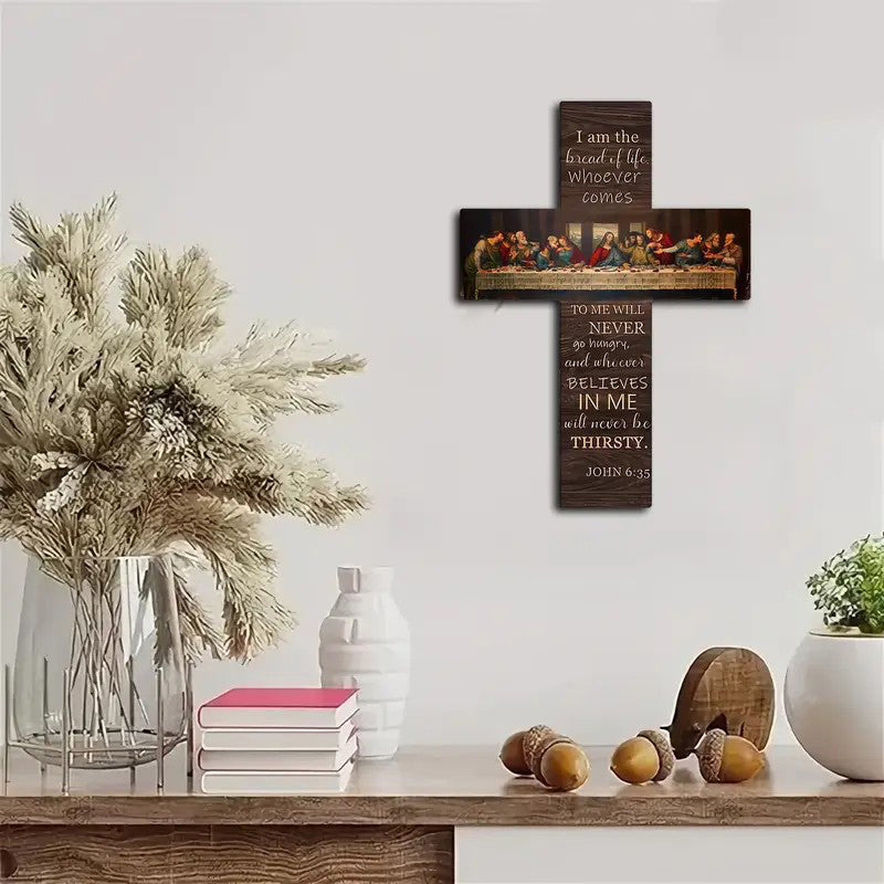 ✅ Cruz Decorativa Cristiana de Madera con La Última Cena – Versículo Juan 6:35 | Regalo Religioso