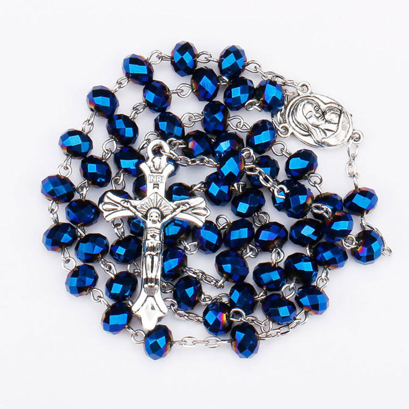 Rosario de Cuentas Facetadas Azul Cristal – Rosario Católico con Cruz de Metal y Medalla de la Virgen