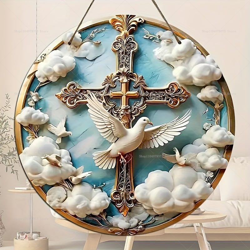 ✅ Placa Decorativa Cristiana de Madera - Cruz Dorada con Palomas (20x20 cm) | Fe y Esperanza