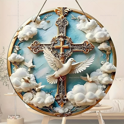 ✅ Placa Decorativa Cristiana de Madera - Cruz Dorada con Palomas (20x20 cm) | Fe y Esperanza