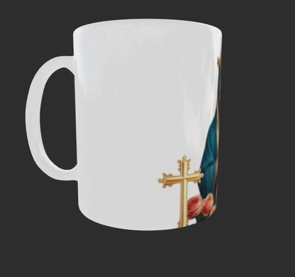 Virgin Mary Mug | Religious Design with Roses and Crosses | Perfect for Spiritual Gifts